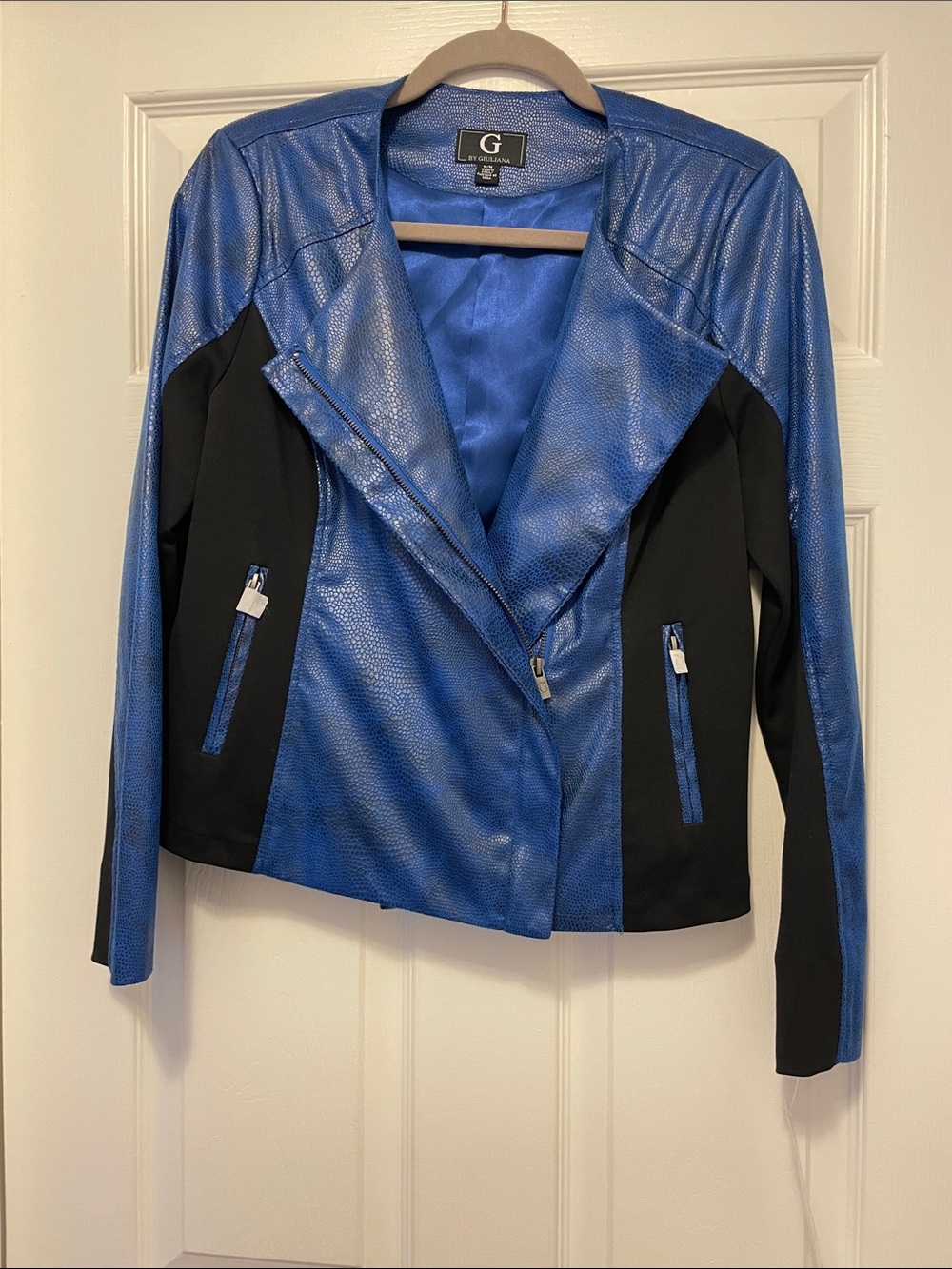 G by Giuliana Electric Royal Blue and Black Faux Leather Moto Jacket